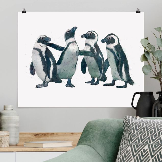 Poster bianco e nero formato orizzontale Illustrazione - Pinguini Acquerello Bianco e Nero