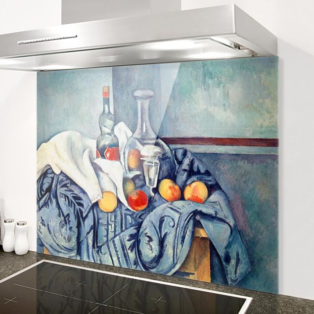 paraschizzi cucina vetro magnetico Paul Cézanne - Natura morta con pesche e bottiglie