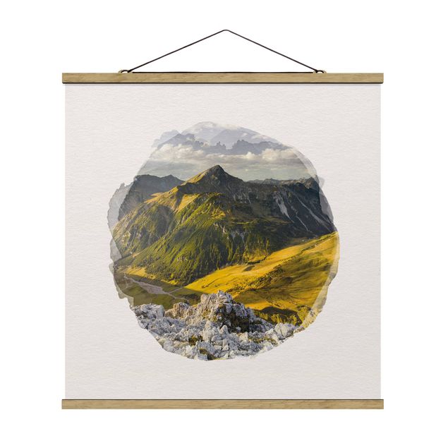 Quadro su tessuto con stecche per poster - Acquerelli - Montagne e valle delle Alpi Lechtal in Tirolo - Quadrato 1:1