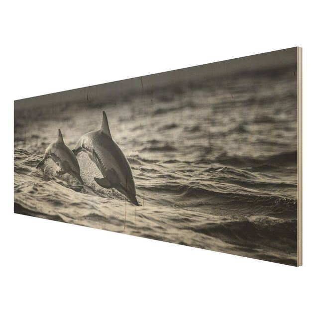 Quadro in legno - Due delfini che saltano - Panoramico