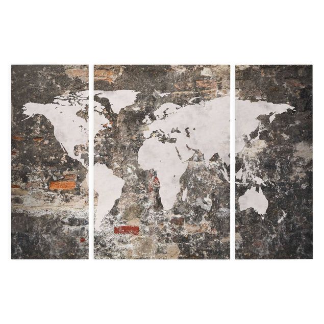 Stampa su tela 3 parti - Old wall world map - Trittico