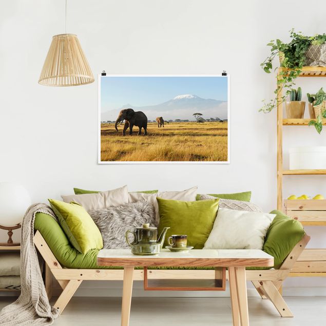 Poster - Elefanti Di Fronte Al Kilimanjaro in Kenya - Orizzontale 2:3