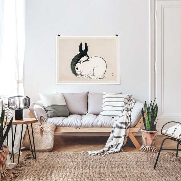 Poster acquerello Disegno vintage asiatico di due coniglietti