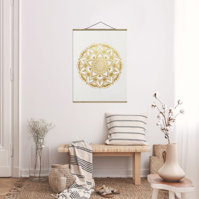 Foto su tessuto da parete con bastone - Mandala Illustrazione ornamento oro bianco - Verticale 4:3