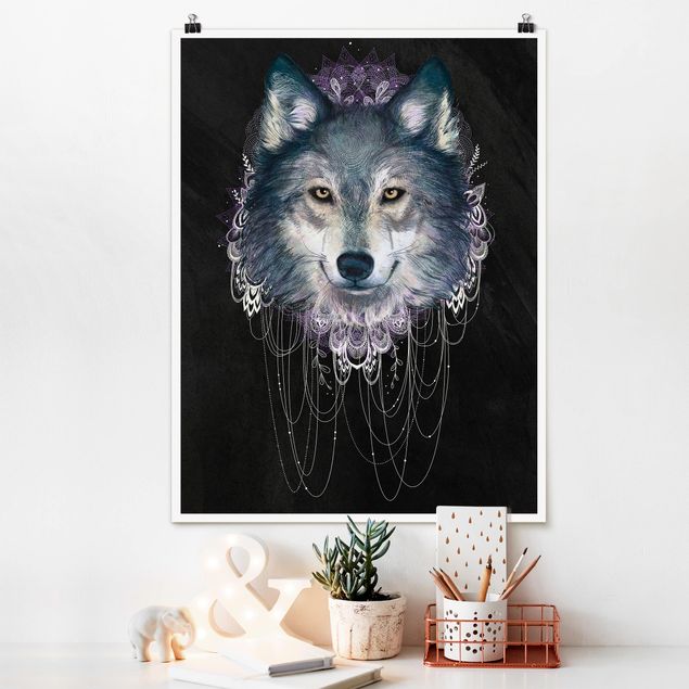 Poster - Illustrazione del lupo Boho Dreamcatcher nero - Verticale 4:3