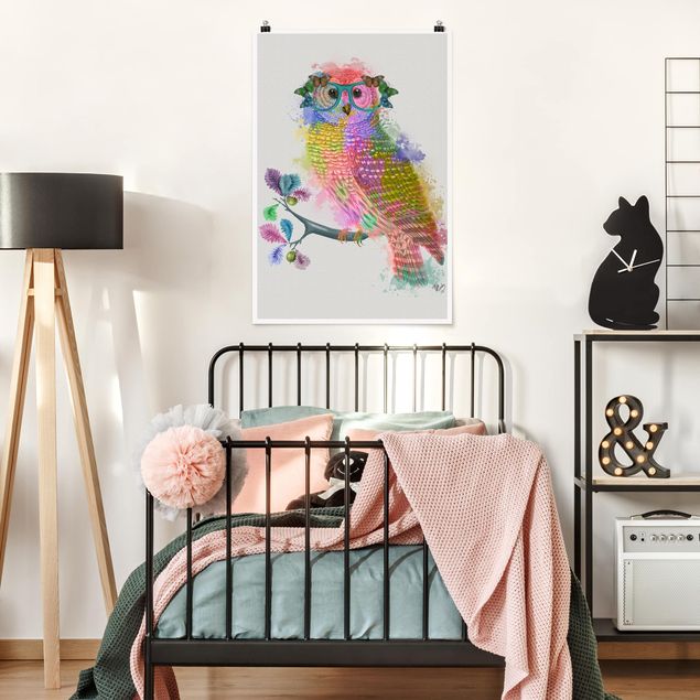 Poster cameretta bambini animali Gufo con schizzi arcobaleno