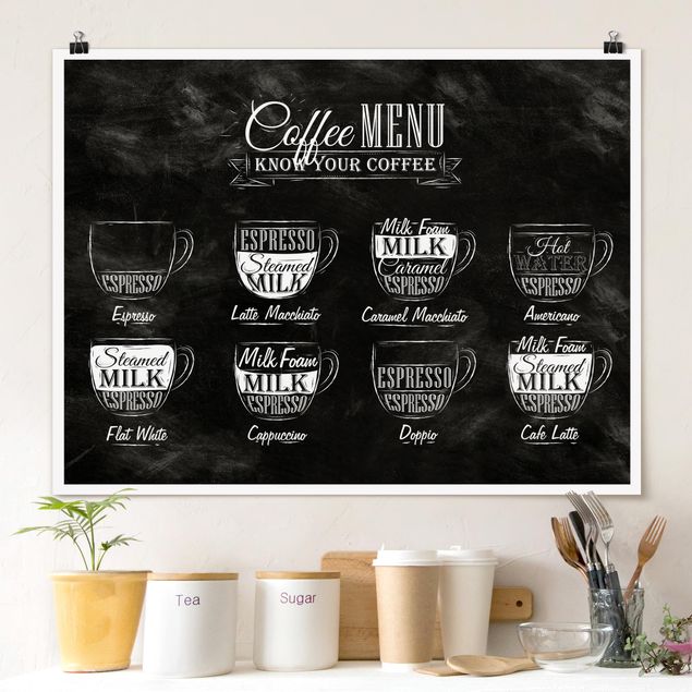 Poster bianco e nero formato orizzontale Lavagna delle varietà di caffè