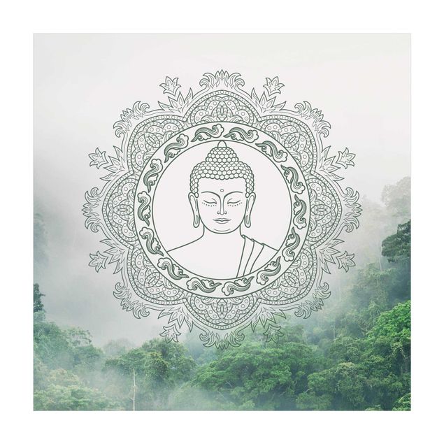 Tappeti verdi Mandala di Buddha nella nebbia