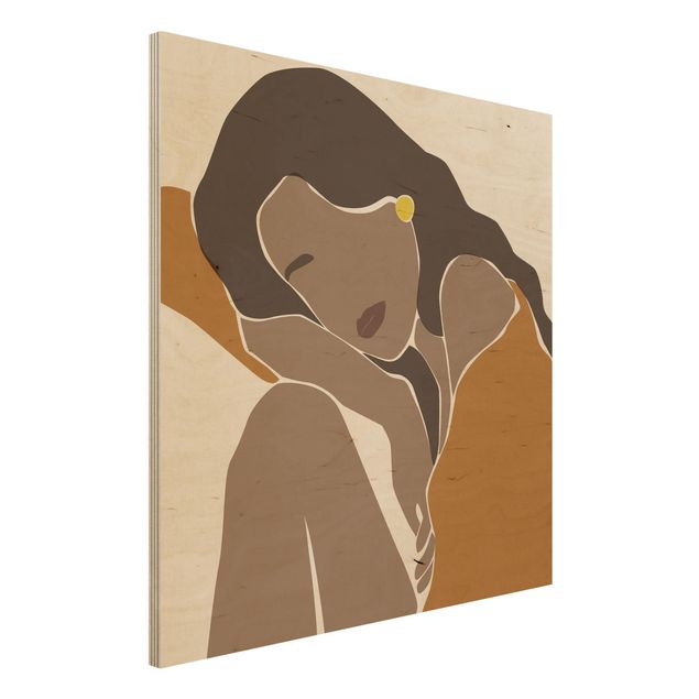 Stampa su legno - Line Art Woman Marrone Beige - Quadrato 1:1