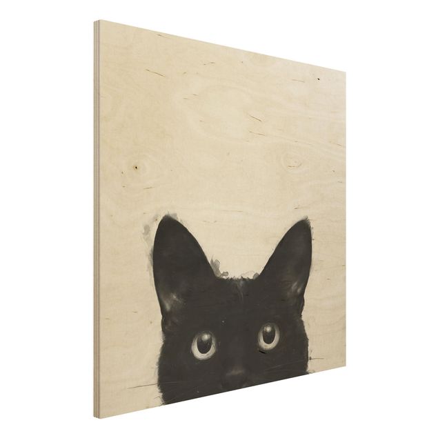 Stampa su legno - Illustrazione pittura Gatto nero su bianco - Quadrato 1:1
