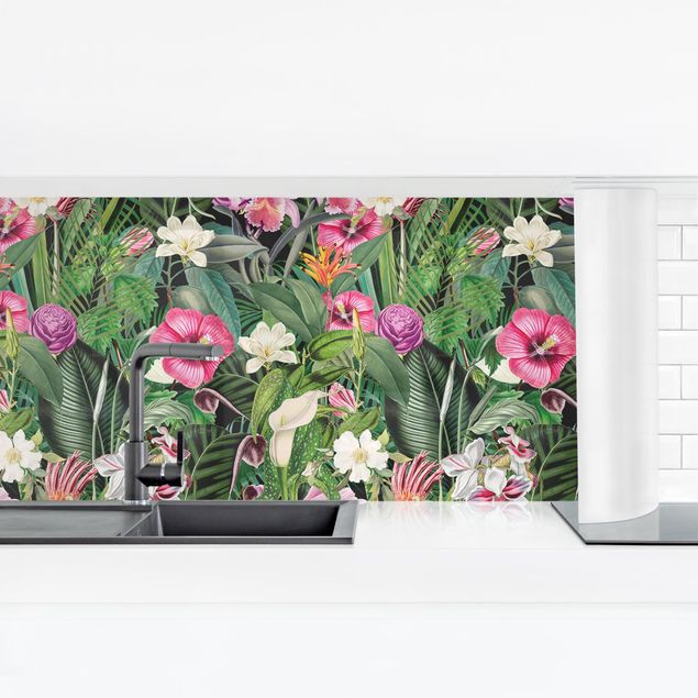 Rivestimento cucina verde Collage di fiori tropicali colorati