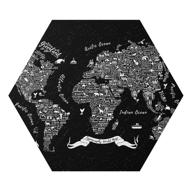 Esagono in Alluminio Dibond - Tipografia Mappa del mondo nero