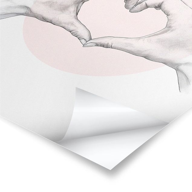 Poster - Illustrazione Cuore cerchio mani Rosa Bianco - Verticale 4:3