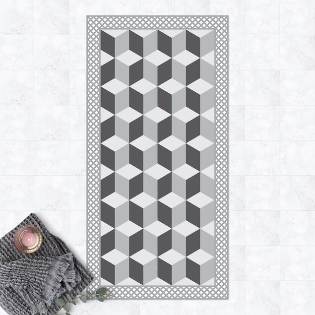 Tappeto da balcone Piastrelle geometriche Illusione di scale in grigio con bordo