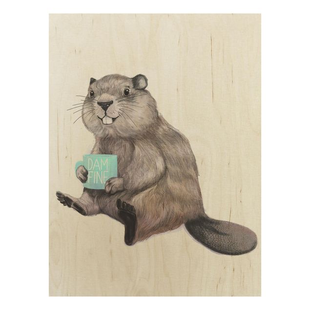 Stampa su legno - Illustrazione Beaver con tazza di caffè - Verticale 4:3