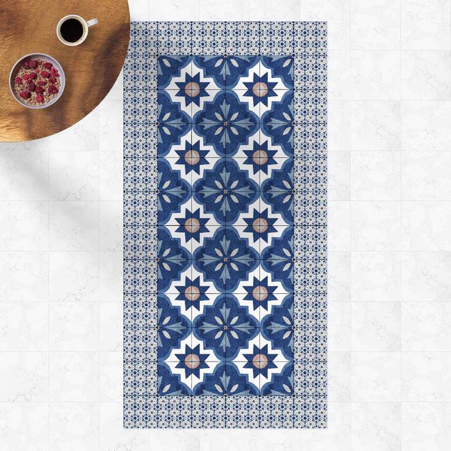 Tappeto per balcone Piastrelle marocchine acquerello blu con cornice di piastrelle