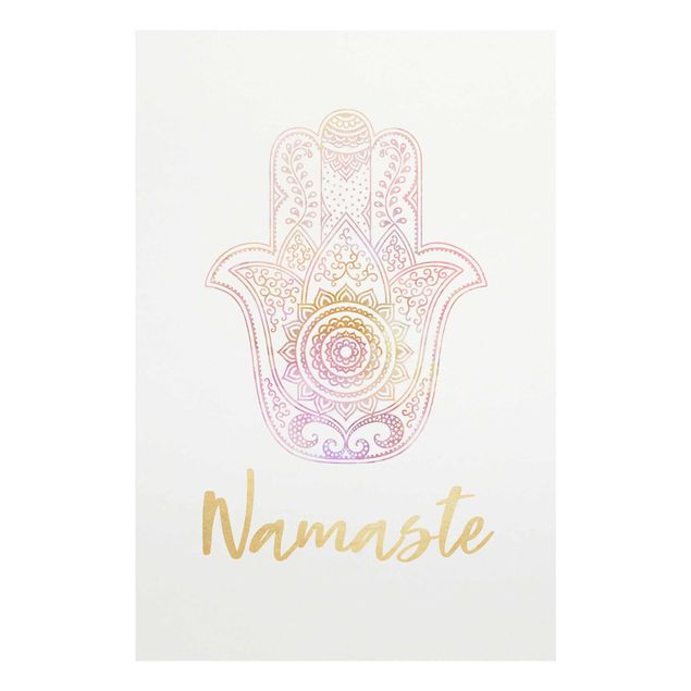 Quadro in vetro - Illustrazione Hamsa mano Namaste oro rosa - Orizzontale 2:3