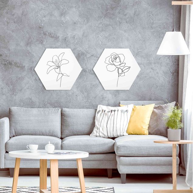Esagono in Alluminio Dibond - Line Art Flowers Nero Set Bianco