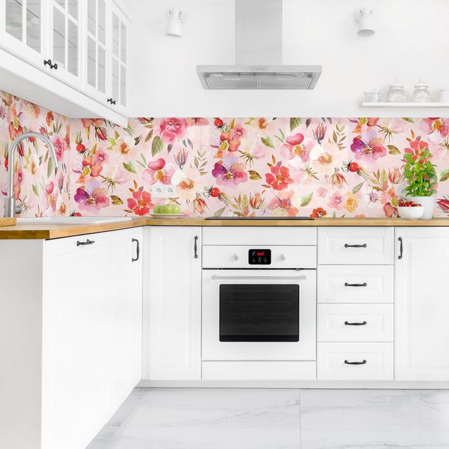 Rivestimenti cucina di plastica Fiori ad acquerello su rosa chiaro