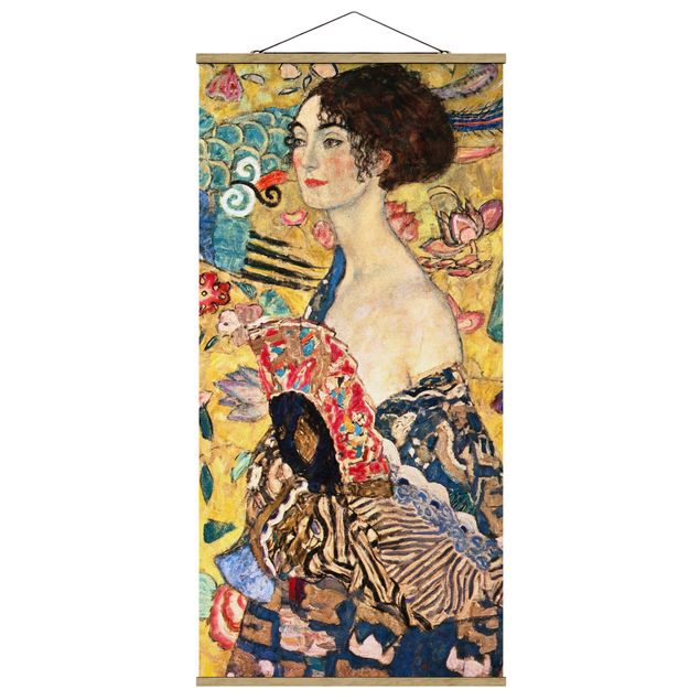 Quadro su tessuto con stecche per poster - Gustav Klimt - Donna con ventaglio - Verticale 2:1
