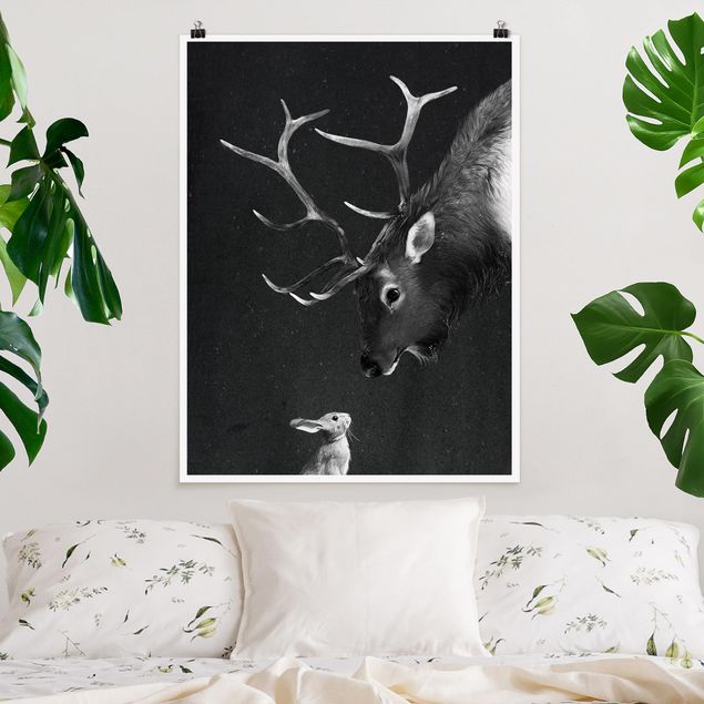 Poster - Illustrazione Cervi E coniglio pittura Bianco e nero - Verticale 4:3