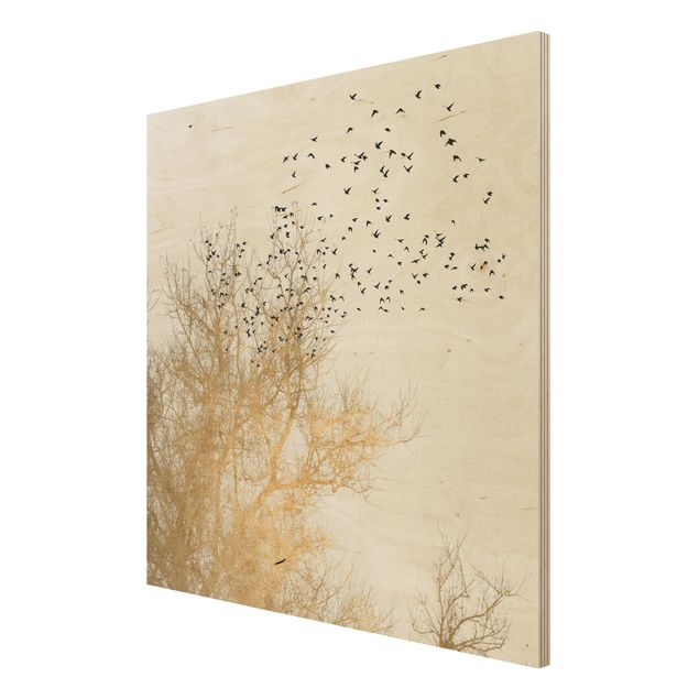 Stampa su legno - Stormo di uccelli davanti ad un albero dorato - Quadrato 1:1