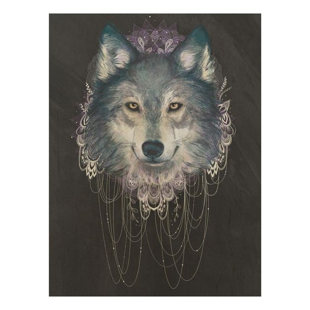 Stampa su legno - Illustrazione del lupo Boho Dreamcatcher nero - Verticale 4:3