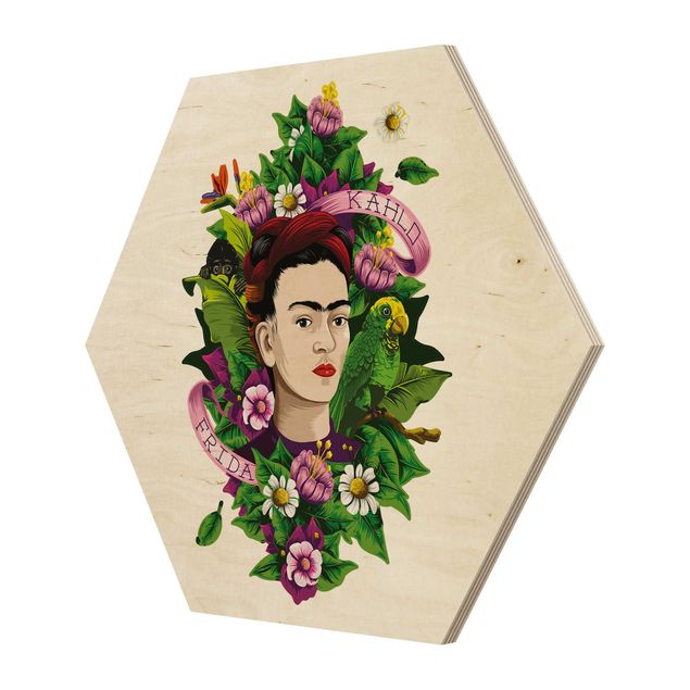 Esagono in legno - Frida Kahlo - Frida, scimmia e pappagallo