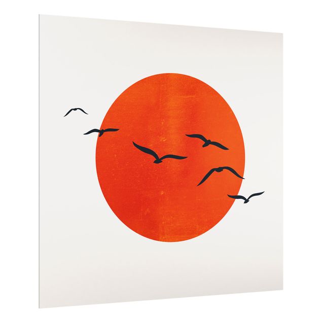 Paraschizzi in vetro - Stormo di uccelli davanti al sole rosso - Quadrato 1:1