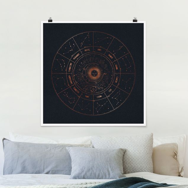 Poster illustrazioni Astrologia I 12 segni zodiacali Oro blu