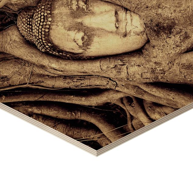 Esagono in legno - Buddha in Ayutthaya Da Radici foderato in Brown
