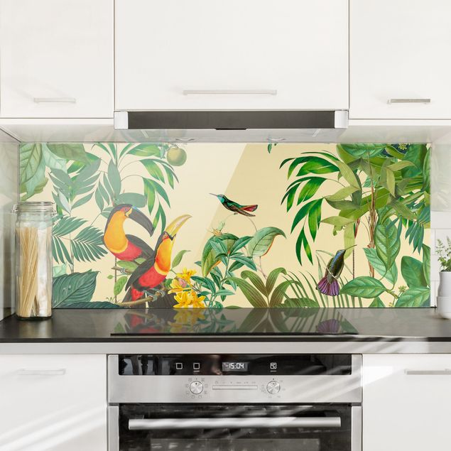 paraschizzi vetro magnetico Collage vintage - Uccelli nella giungla