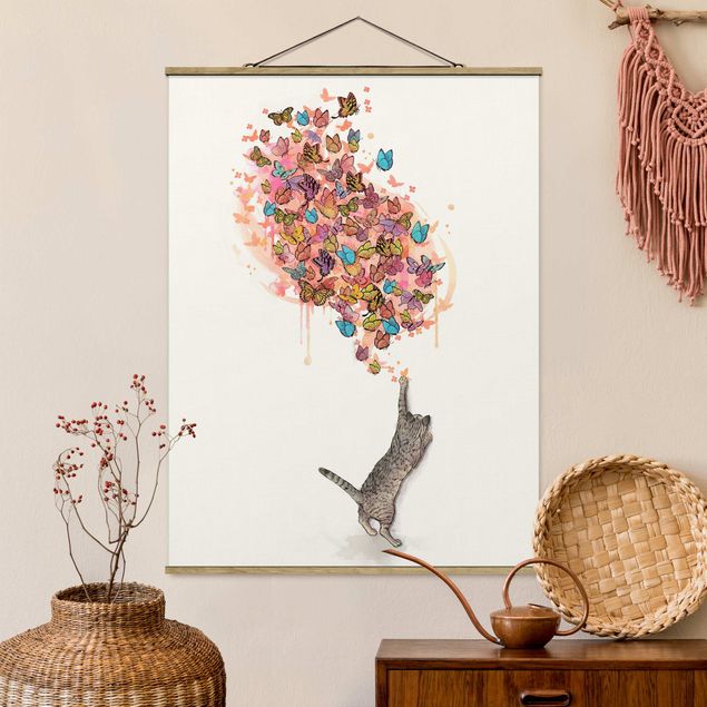 stampe animali Illustrazione - Gatto con farfalle colorate pittura