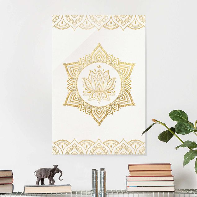 Lavagna magnetica in vetro Mandala Loto - Illustrazione Ornamentale Oro Bianco