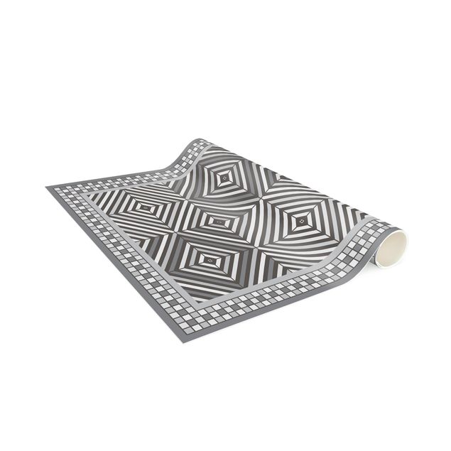 Tappeti effetto piastrelle Piastrelle geometriche Vortice Grigio con cornice a mosaico stretta