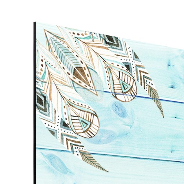 Stampa su alluminio - Ornamento mandala in acquerello con piume verde blu su assi