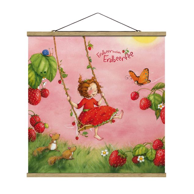 Quadro su tessuto con stecche per poster - Strawberry Coniglio Erdbeerfee - Baumschaukel - Quadrato 1:1