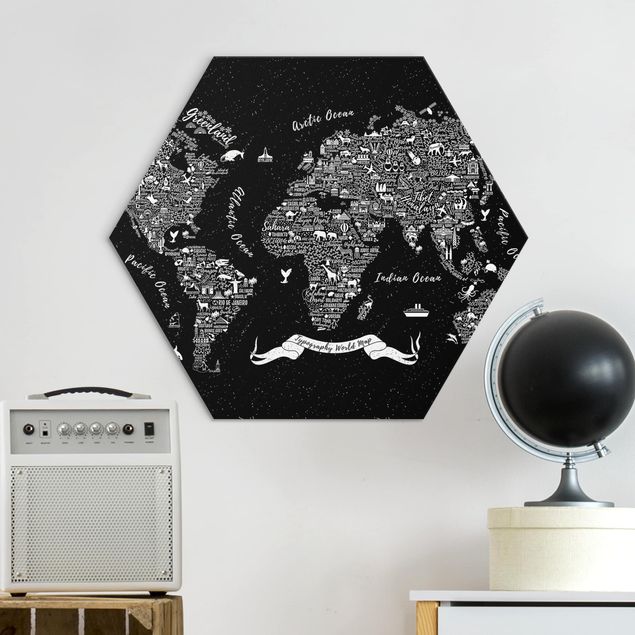Esagono in Alluminio Dibond - Tipografia Mappa del mondo nero