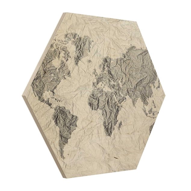 Esagono in legno - Paper World Map Bianco Grigio