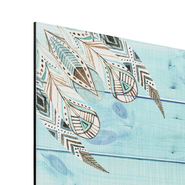 Stampa su alluminio - Ornamento mandala in acquerello con piume verde blu su assi