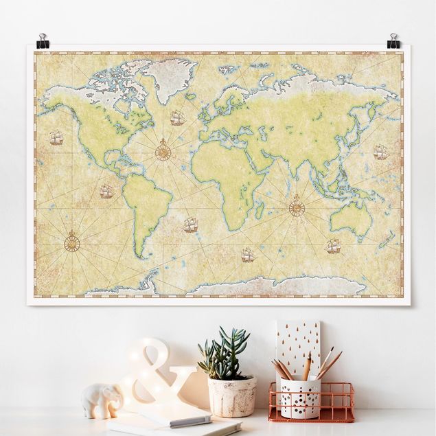 Poster cameretta bambini verde Mappa del mondo