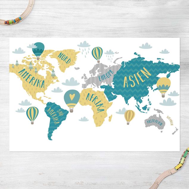 Tappeto da balcone Mappa del mondo con mongolfiera