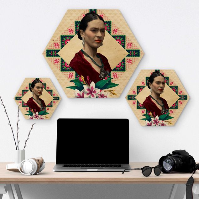 Esagono in legno - Frida Kahlo - fiori e Geometria