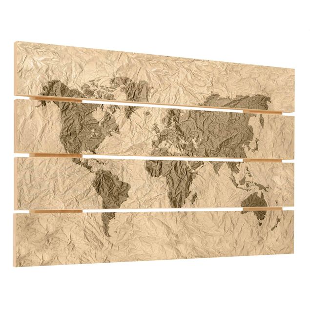 Stampa su legno - Paper World Map Beige Marrone - Orizzontale 2:3