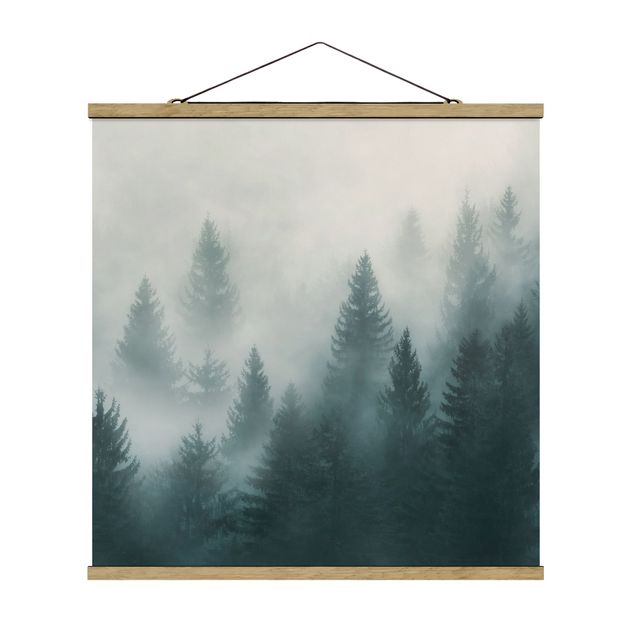 Quadro su tessuto con stecche per poster - Foresta di conifere In Nebbia - Quadrato 1:1