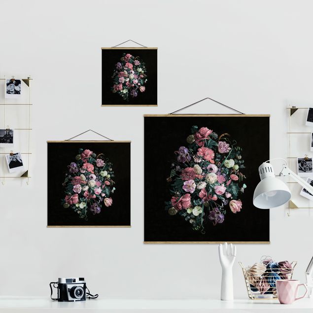 Quadro su tessuto con stecche per poster - Jan Davidsz De Heem - Bouquet di fiori scuro - Quadrato 1:1