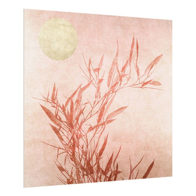 Paraschizzi in vetro - Sole dorato con bambù rosa - Quadrato 1:1