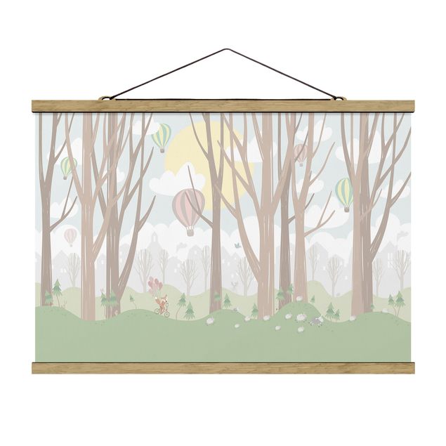 Foto su tessuto da parete con bastone - Sun con alberi e Mongolfiere - Orizzontale 2:3