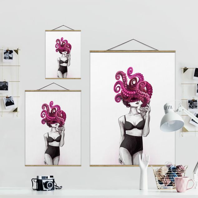 Foto su tessuto da parete con bastone - Laura Graves - Illustrazione Donna In Biancheria Intima Bianco e nero Octopus - Verticale 4:3