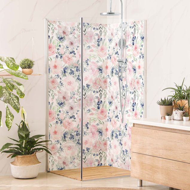 Rivestimento per doccia - Rose rosa con mirtilli su sfondo bianco
